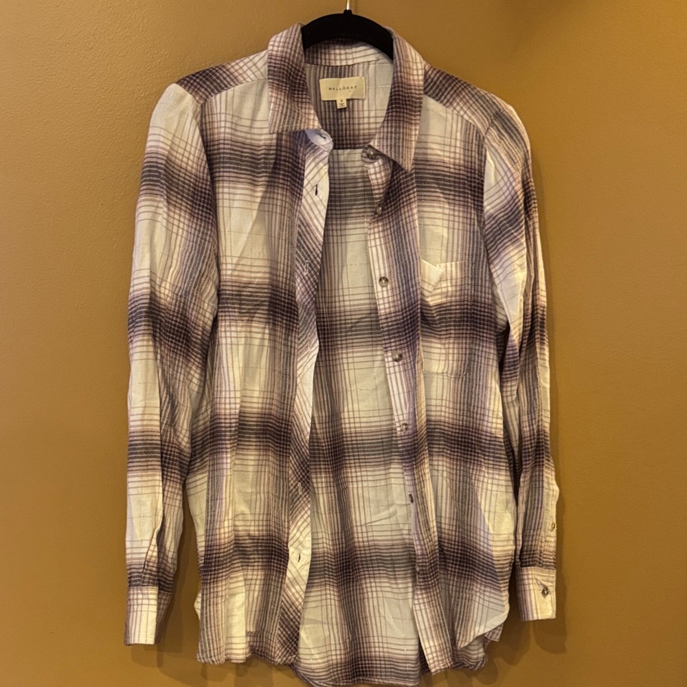 MELLODAY Women's White and Purple Plaid Button-Down Shirt